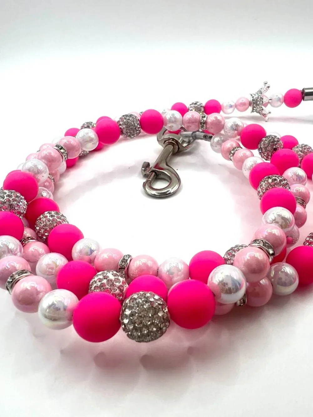 Princess Pink Rhinestone Crown Dog Leash - Neon Pink - Handmade